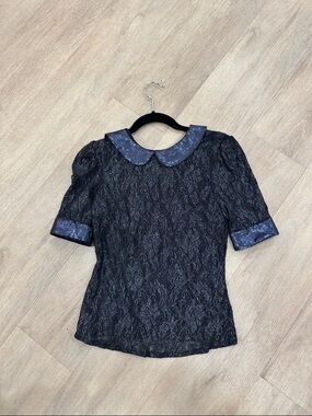 W118 by Walter Baker Black Lace Blouse with Blue Collar and Cuffs